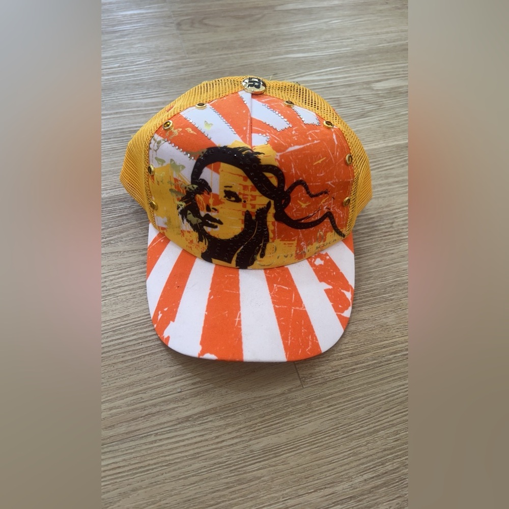 Crystal Rock Baseball Cap Womens Orange Cotton Mesh Back Beaded Snap Back